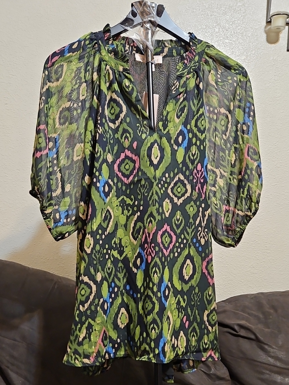Philosophy Green Multi-Color Ikat Sheer Peasant Blouse